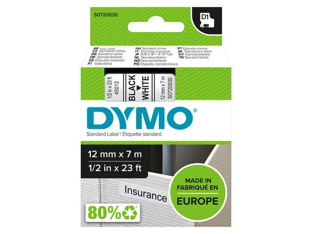 Lettertape Dymo D1 12 mm zwart/wit